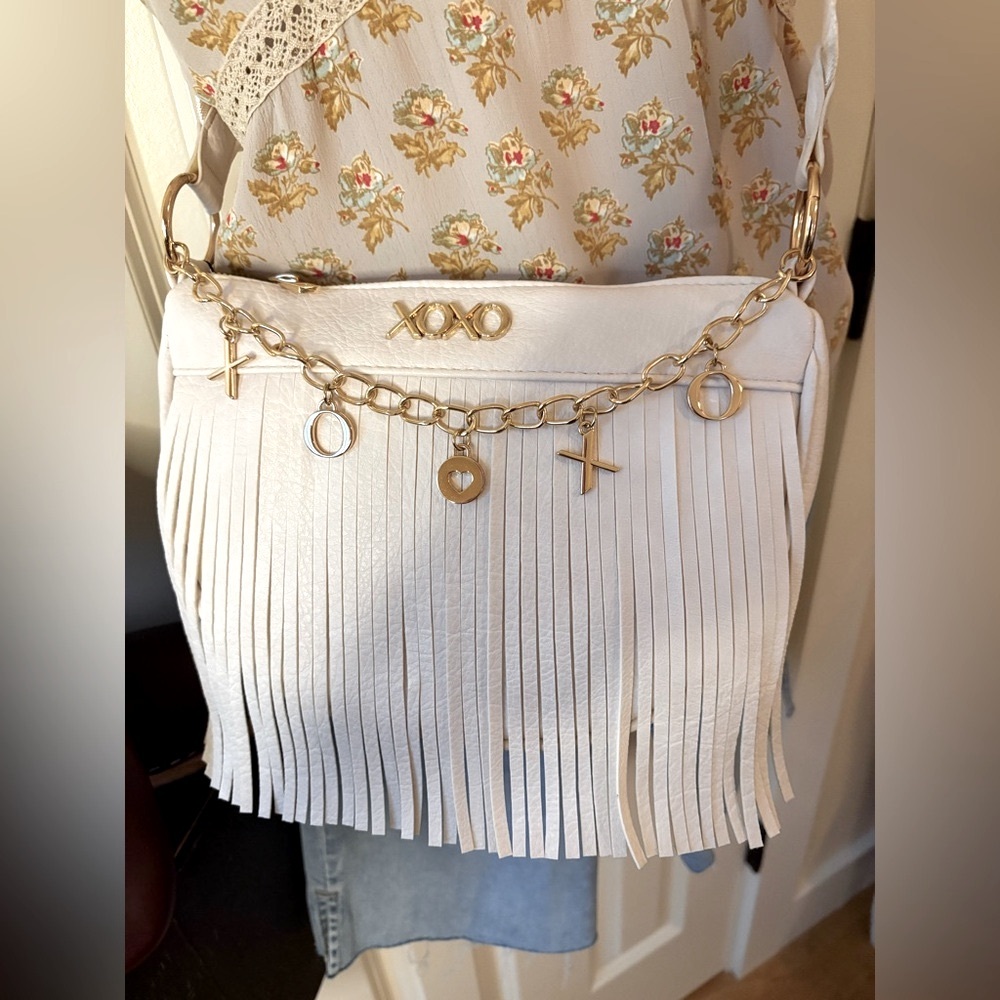 XOXO White Fringe Shoulder Bag with Gold Charm Chain